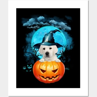 White Labrador Witch Hat Pumpkin And Blue Moon Halloween Posters and Art